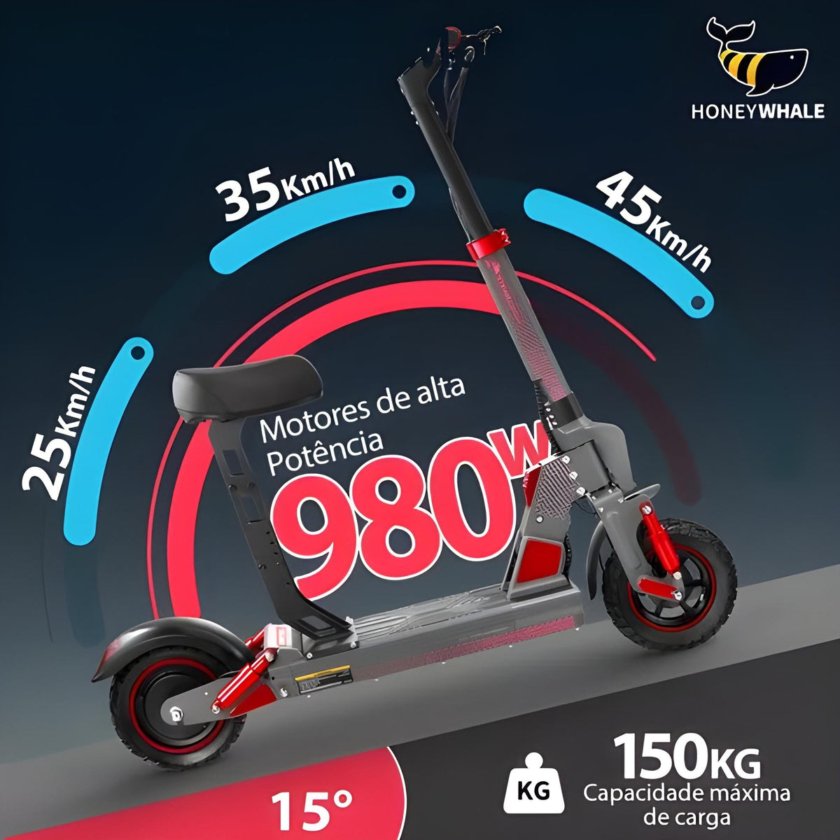 Honey Whale C1 Vermelho - 980w Patinete Elétrico Scooter 40km 45 Km/h