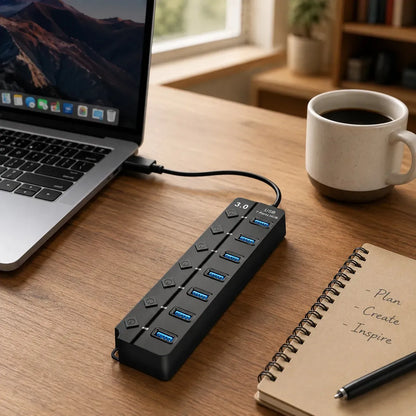 Hub Usb 3.0 7 Portas Entradas Alta Velocidade 5gbps Com Led E Botões Individuais Plug And Play Compatível Com Notebook Pc Tv Console Impressora Mouse E Teclado Pen Drive Cooler Premium Eletric Teck