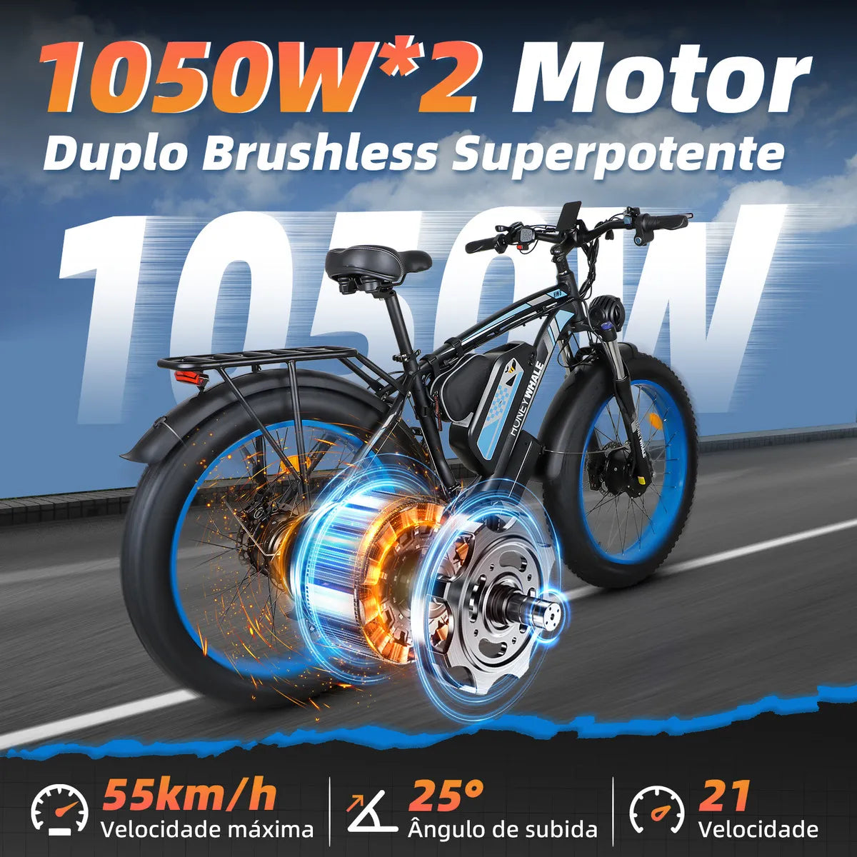 Honeywhale Bk08 Bicicleta Elétrica Para Adultos, 1050W*2-65KM-55KM/H-150KG, Scooter Motor-Bike-Ebike-Autonomia-Velocidade Máxima-Carga, Bateria (48v 23,5ah), 21 Velocidade, Honey Whale