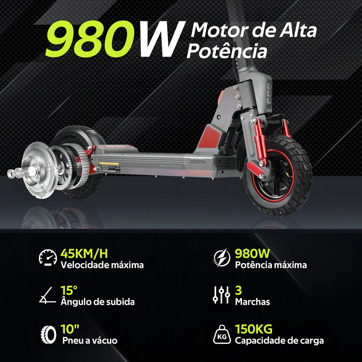 Honeywhale C1 Patinete Elétrico Adulto, 980w Scooter Eletrica, Autonomia 40km (max), Velocidade 45km/h (max), 150 Kg Capacidade Máxima De Carga, Honey Whale Patinete Elétrico Com Modo De Cruzeiro