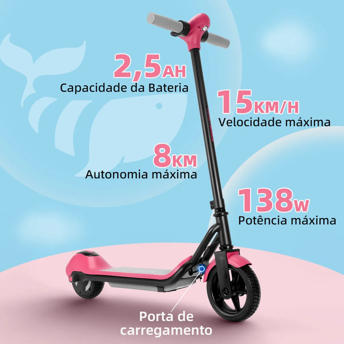 HONEYWHALE E2 Patinete Elétrico Infantil, 138W-15KM/H-8KM Motor-Velocidade-Autonomia-Mini, Adequado para Meninos e Meninas dos 6 aos 12 anos, Luzes LED Multicoloridas, Pneus Sólidos de 6,3 Inch Rosa