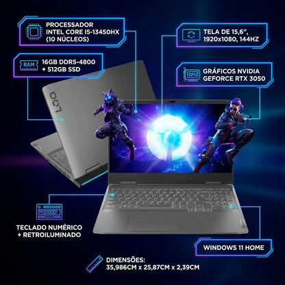 Notebook Gamer Lenovo LOQ 15irx9 Intel Core i5-13450HX 16gb 512gb SSD RTX 3050 Windows 11 - 83kh0006br Luna Grey
