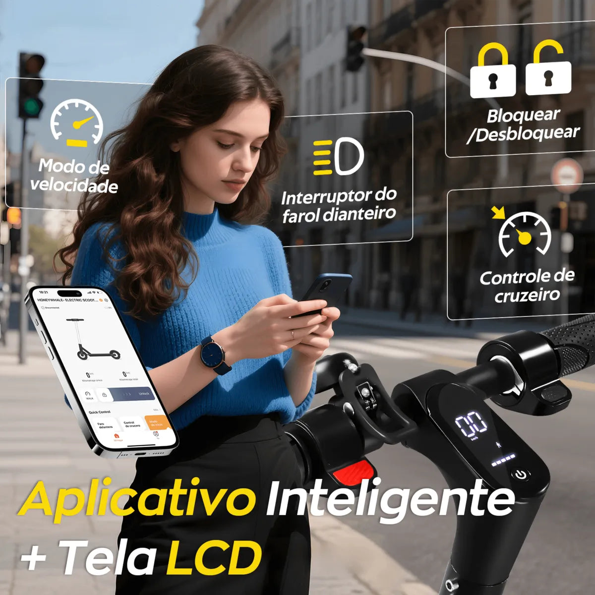 HONEYWHALE M1 LITE Patinete Elétrico Adulto, 500W-25KM/H-16KM-120KG, Scooter-Eletrica-Velocidade-Juvenil-Dobrável-Autonomia-de-Aplicativo-Bluetooth-Carge, Pneus Sólidos de 8,5 Polegadas Preto-Amarelo