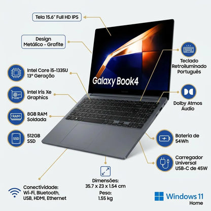 Notebook Samsung Galaxy Book4 Intel® Core™ i5-1335U (1.3 Ghz, até 4.6GHz, 12 MB L3 Cache), Windows 11 Home, 8GB, 512GB SSD, Iris Xe, 15.6'' Full HD LED, 1.55kg