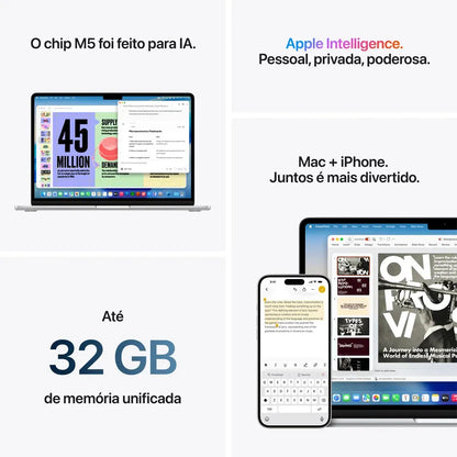 MacBook Air de 13 polegadas: Chip M5, CPU de 10 núcleos, GPU de 8 núcleos, Neural Engine de 16 núcleos, 512GB - Azul-céu - Distribuidor Autorizado