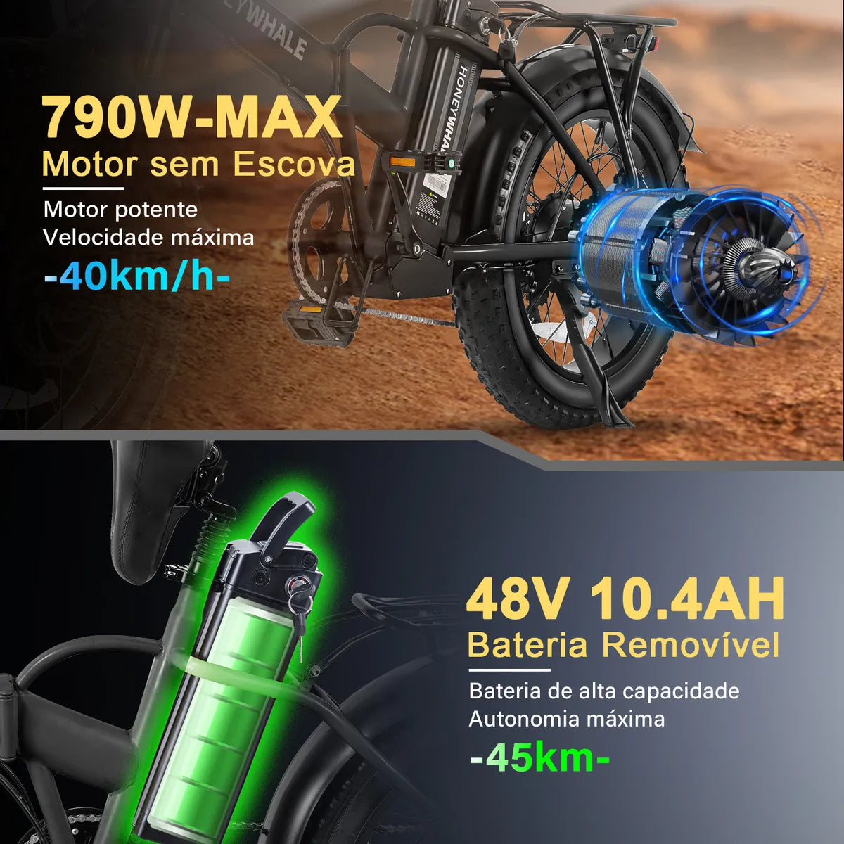 Honeywhale F6 Bicicleta Elétrica Adulto 790w 45km 40km/h Preto