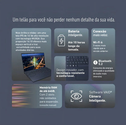 Notebook Vaio Fe16 Amd Ryzen 7-5825u Linux 16gb RAM 512gb Ssd Wi-Fi 6 Tela 16" Ips Wuxga Antirreflexo Cinza Grafite Vjfe69f11xb0121h - Permite upgrade de memória RAM e SSD