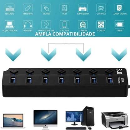 Hub Usb 3.0 7 Portas Entradas Alta Velocidade 5gbps Com Led E Botões Individuais Plug And Play Compatível Com Notebook Pc Tv Console Impressora Mouse E Teclado Pen Drive Cooler Premium Eletric Teck