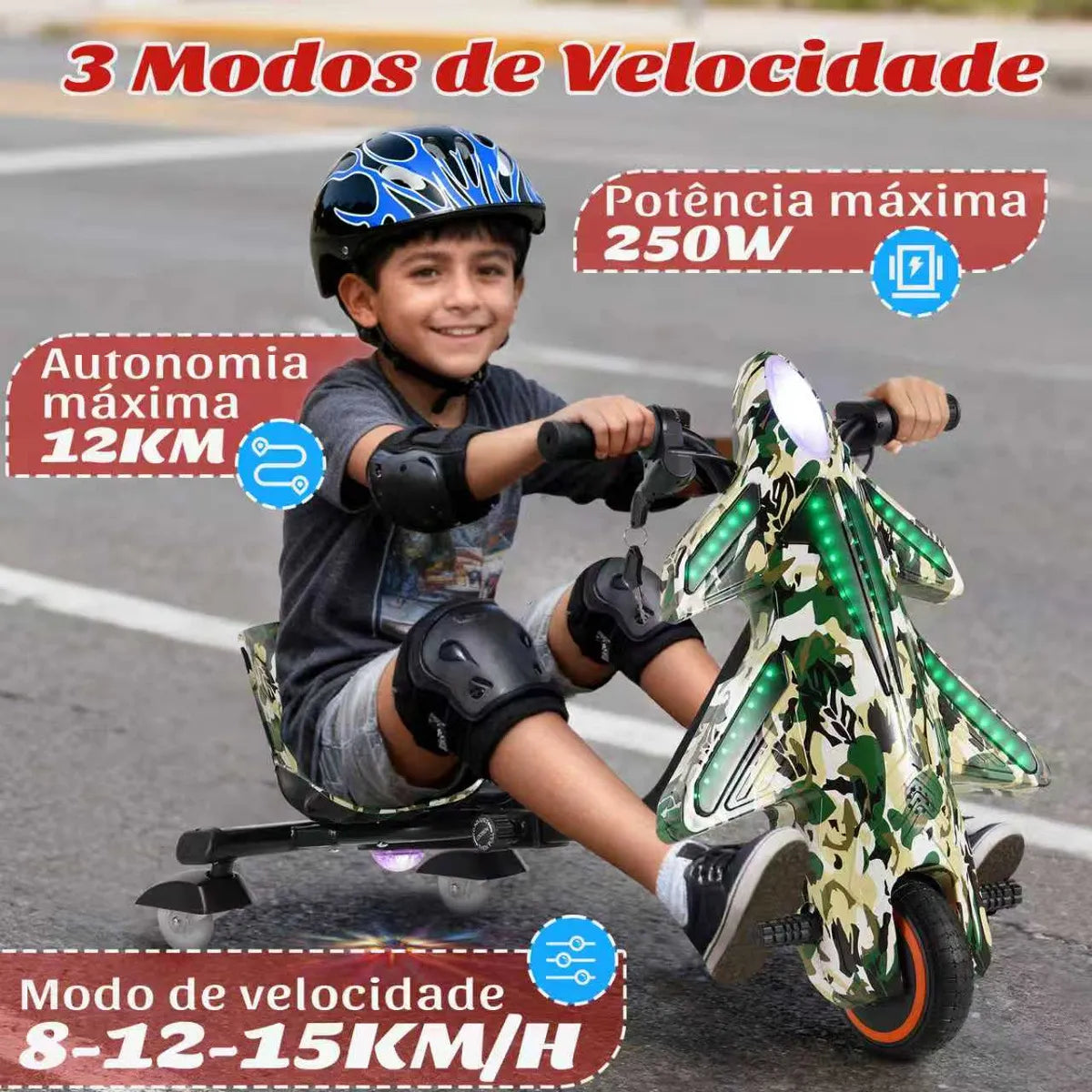 Honeywhale 008c Triciclo Elétrico Drift Infantil, 250w-60min-12km-50kg, Com Bluetooth, 3 Modos De Velocidade, Adequada Para Crianças De 5 A 8 Anos, Honey Whale (36v, 3ah) Verde