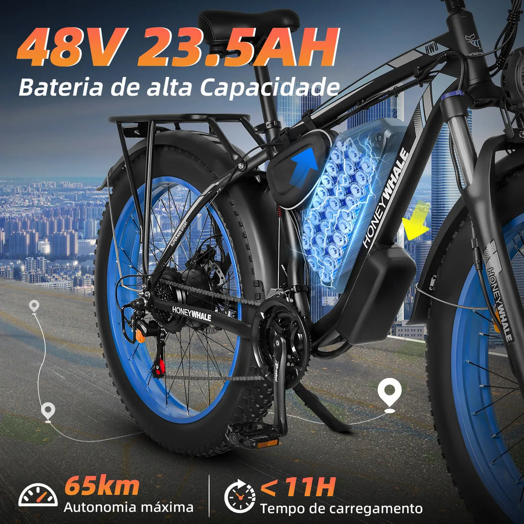 Honeywhale Bk08 Bicicleta Elétrica Para Adultos, 1050W*2-65KM-55KM/H-150KG, Scooter Motor-Bike-Ebike-Autonomia-Velocidade Máxima-Carga, Bateria (48v 23,5ah), 21 Velocidade, Honey Whale