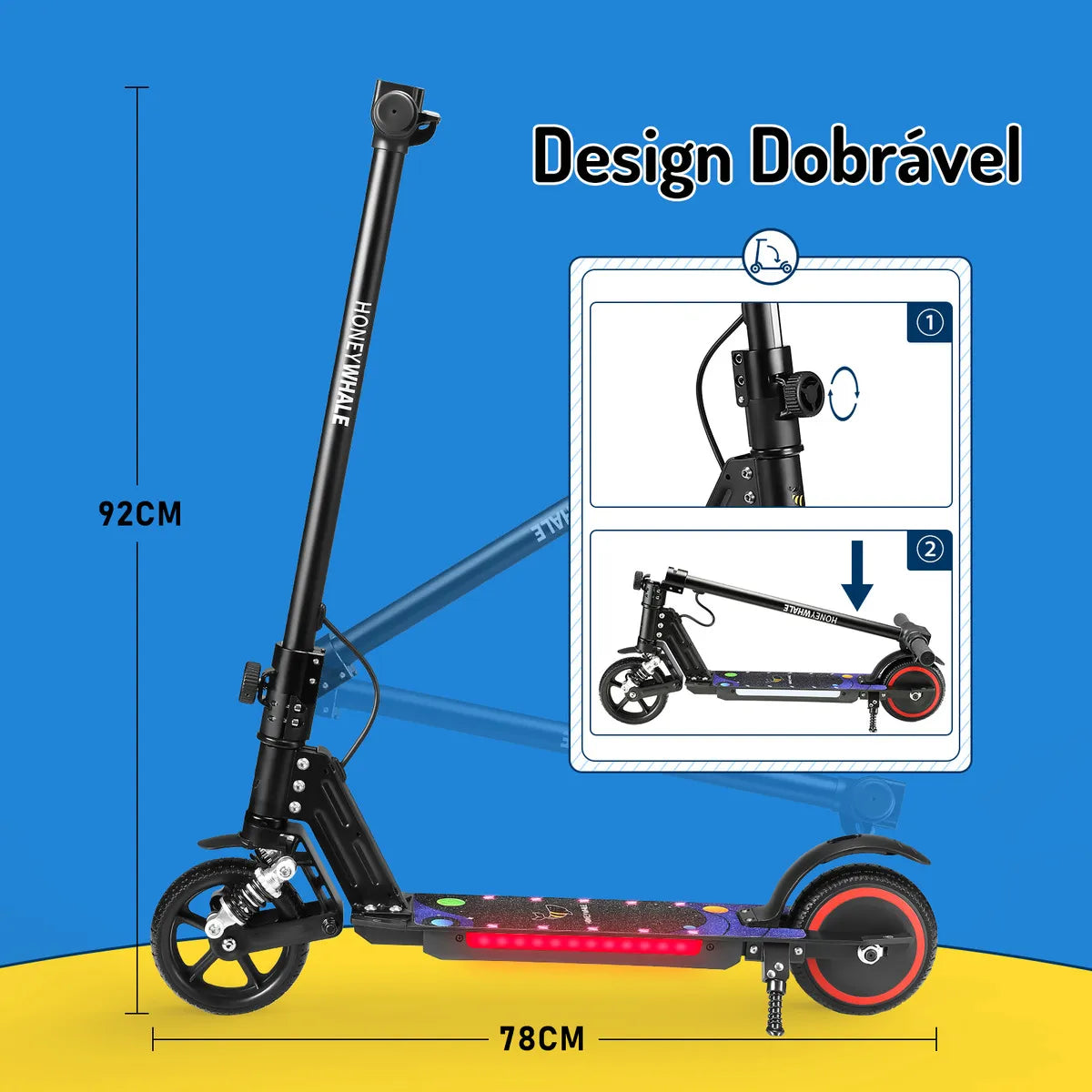 HONEYWHALE E10S Patinete Elétrico Infantil, 180W-16KM/H-6KM, Motor-Velocidade-Autonomia-Máxima, Pedal com 3 Cores de Luzes Gradientes, Suspensão Dianteira, 6,5" Pneu Sólido, Honey Whale Preto
