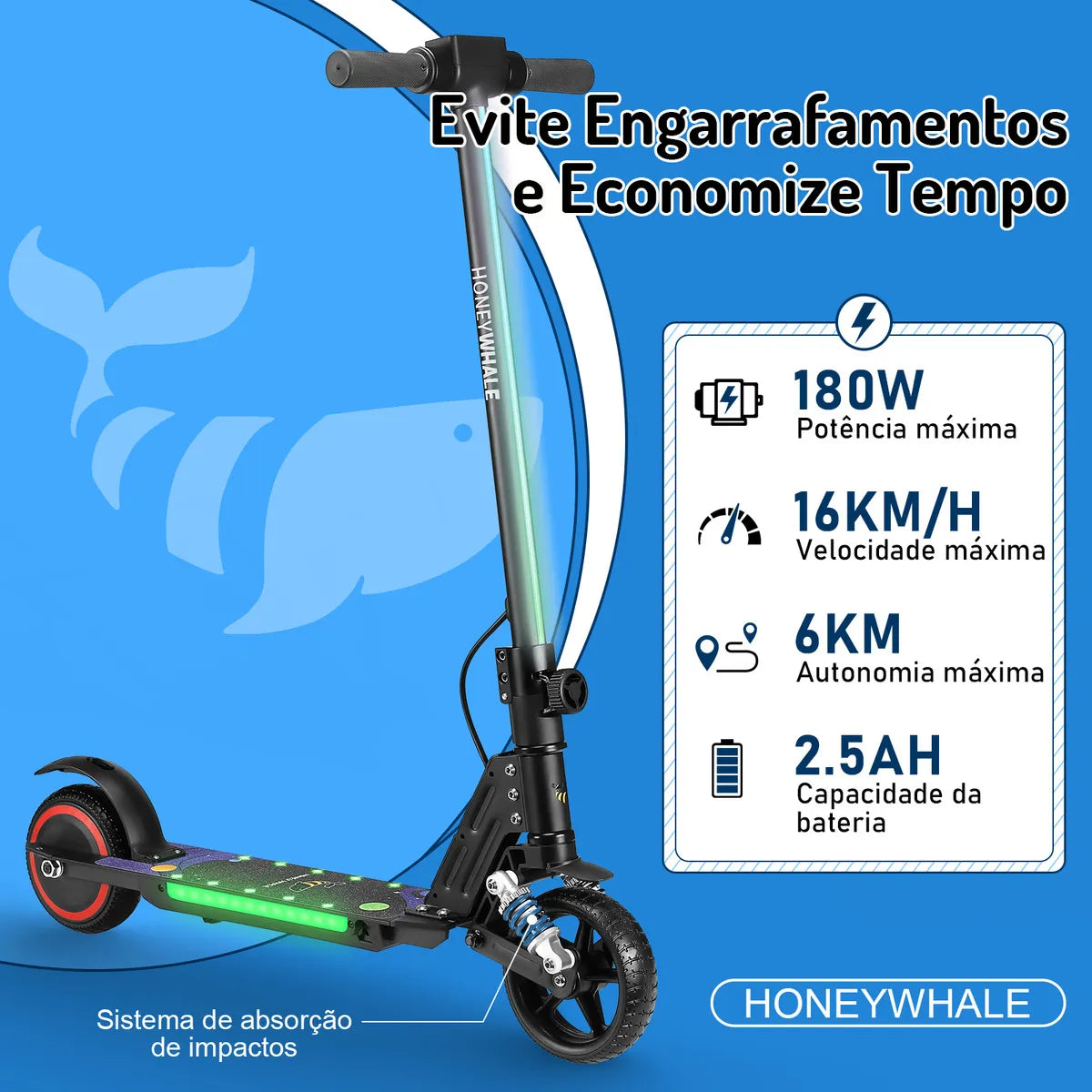 HONEYWHALE E10S Patinete Elétrico Infantil, 180W-16KM/H-6KM, Motor-Velocidade-Autonomia-Máxima, Pedal com 3 Cores de Luzes Gradientes, Suspensão Dianteira, 6,5" Pneu Sólido, Honey Whale Preto