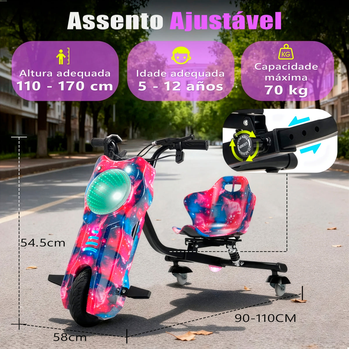 Honeywhale 007b Triciclo Elétrico Infantil Drift Patinete Rosa-chiclete