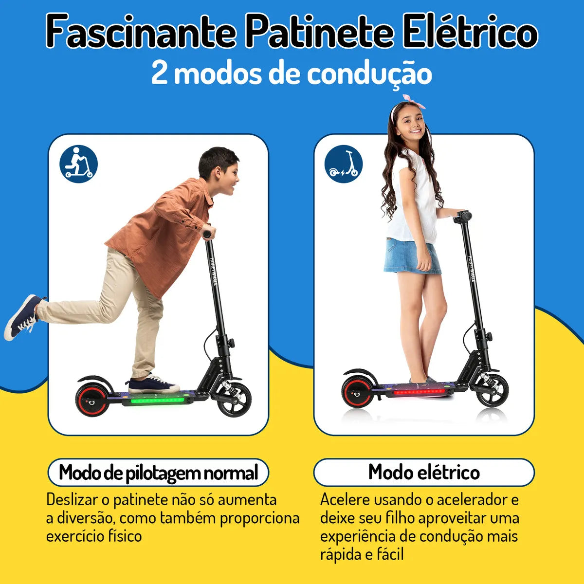HONEYWHALE E10S Patinete Elétrico Infantil, 180W-16KM/H-6KM, Motor-Velocidade-Autonomia-Máxima, Pedal com 3 Cores de Luzes Gradientes, Suspensão Dianteira, 6,5" Pneu Sólido, Honey Whale Preto