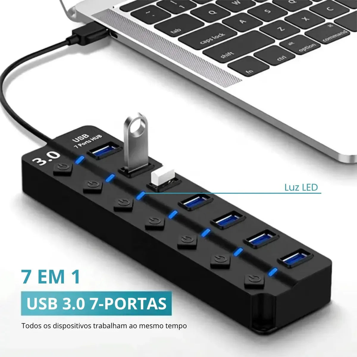 Hub Usb 3.0 7 Portas Entradas Alta Velocidade 5gbps Com Led E Botões Individuais Plug And Play Compatível Com Notebook Pc Tv Console Impressora Mouse E Teclado Pen Drive Cooler Premium Eletric Teck