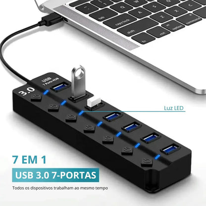 Hub Usb 3.0 7 Portas Entradas Alta Velocidade 5gbps Com Led E Botões Individuais Plug And Play Compatível Com Notebook Pc Tv Console Impressora Mouse E Teclado Pen Drive Cooler Premium Eletric Teck