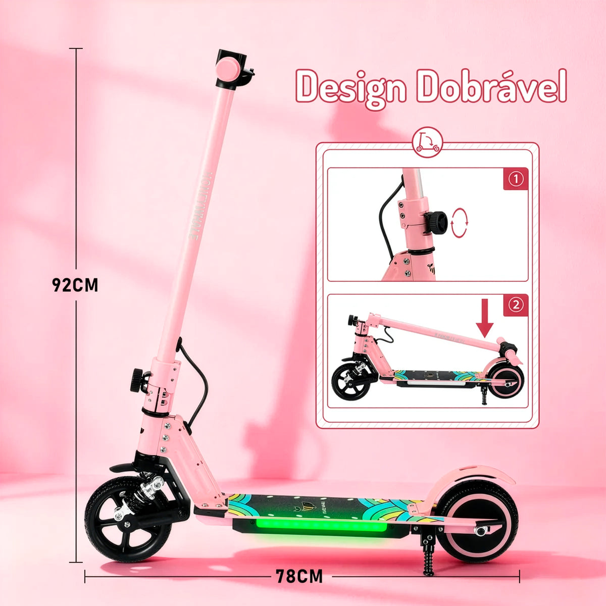 HONEYWHALE E10S Patinete Elétrico Infantil, 180W-16KM/H-6KM, Motor-Velocidade-Autonomia-Máxima, Pedal com 3 Cores de Luzes Gradientes, Suspensão Dianteira, 6,5" Pneu Sólido, Honey Whale rosa