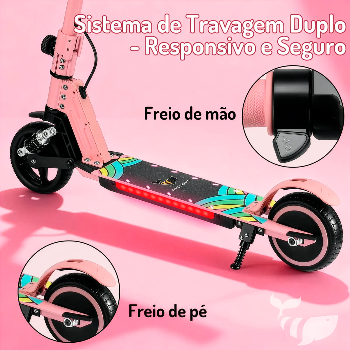 HONEYWHALE E10S Patinete Elétrico Infantil, 180W-16KM/H-6KM, Motor-Velocidade-Autonomia-Máxima, Pedal com 3 Cores de Luzes Gradientes, Suspensão Dianteira, 6,5" Pneu Sólido, Honey Whale rosa