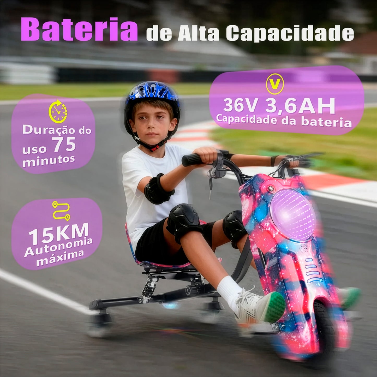 Honeywhale 007b Triciclo Elétrico Infantil Drift Patinete Rosa-chiclete