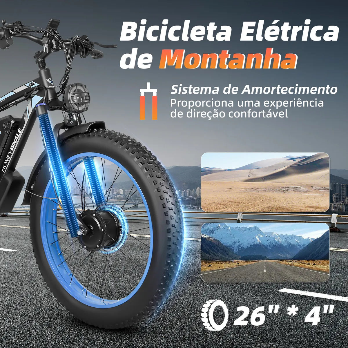 Honeywhale Bk08 Bicicleta Elétrica Para Adultos, 1050W*2-65KM-55KM/H-150KG, Scooter Motor-Bike-Ebike-Autonomia-Velocidade Máxima-Carga, Bateria (48v 23,5ah), 21 Velocidade, Honey Whale