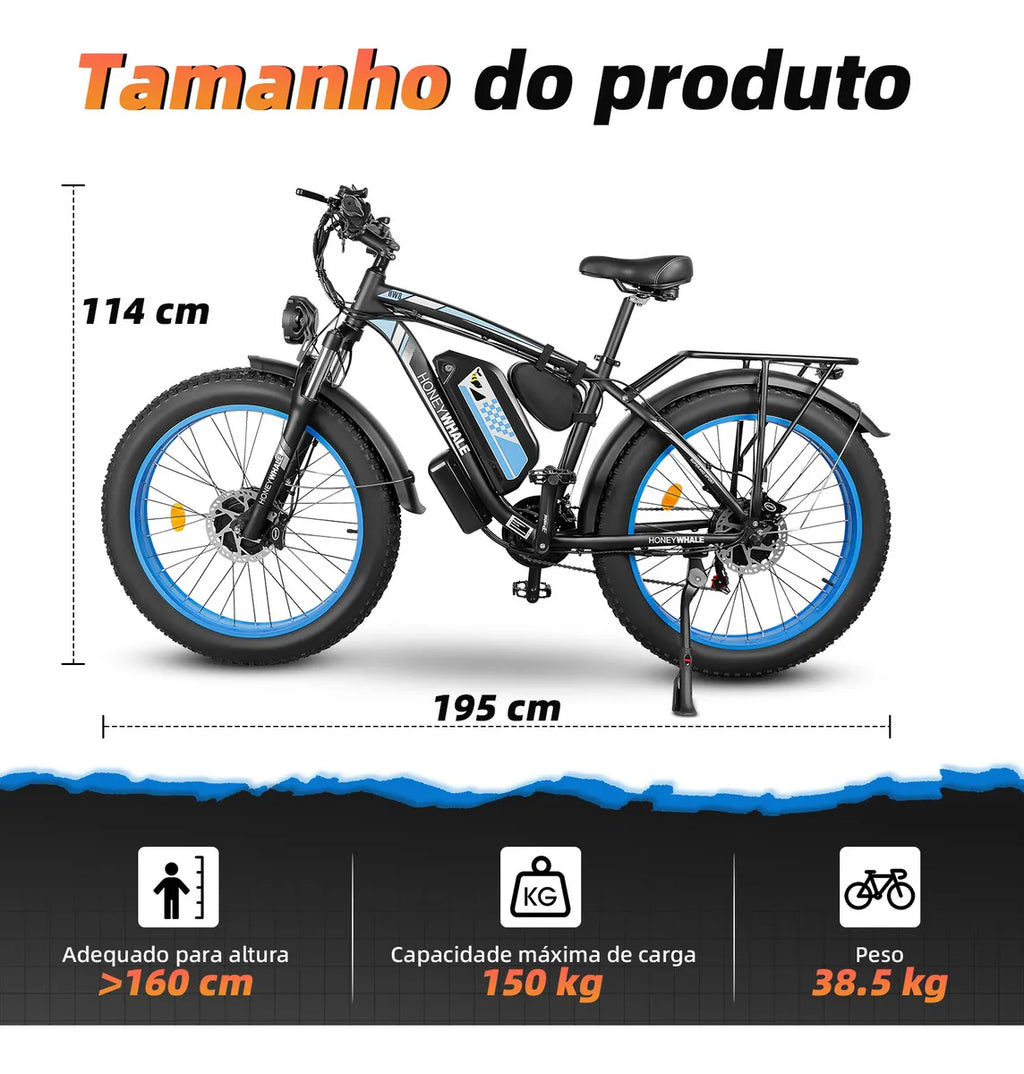 Honeywhale Bk08 Bicicleta Elétrica Para Adultos, 1050W*2-65KM-55KM/H-150KG, Scooter Motor-Bike-Ebike-Autonomia-Velocidade Máxima-Carga, Bateria (48v 23,5ah), 21 Velocidade, Honey Whale