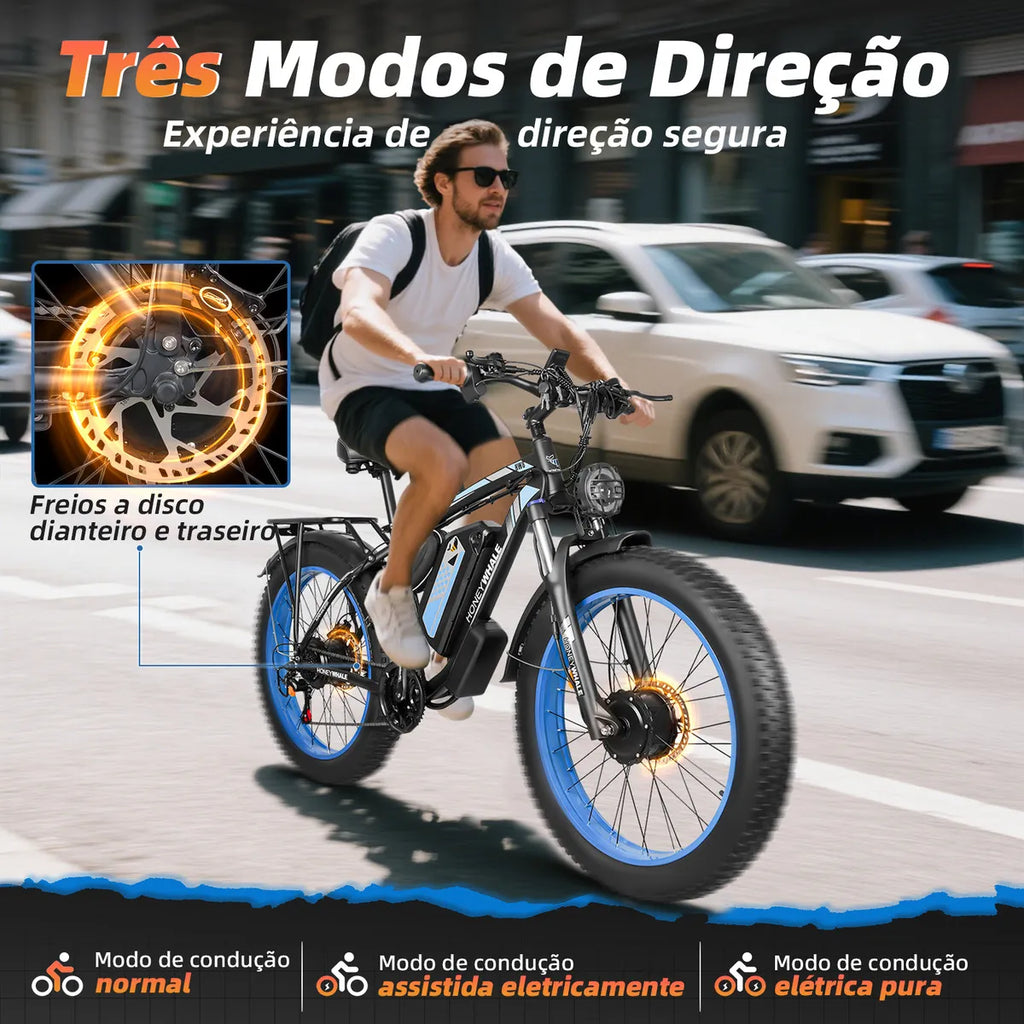 Honeywhale Bk08 Bicicleta Elétrica Para Adultos, 1050W*2-65KM-55KM/H-150KG, Scooter Motor-Bike-Ebike-Autonomia-Velocidade Máxima-Carga, Bateria (48v 23,5ah), 21 Velocidade, Honey Whale