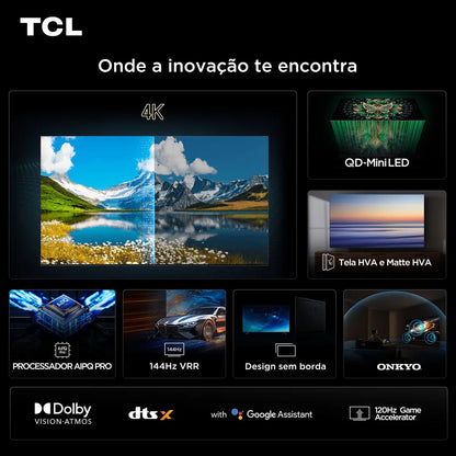 Smart TV TCL 75 Polegadas QLED Mini LED 4K C6K WiFi Bluetooth Google TV 4 HDMI 144Hz HDR10+ 75C6K