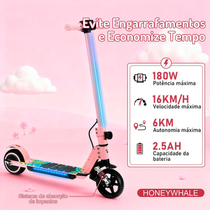 HONEYWHALE E10S Patinete Elétrico Infantil, 180W-16KM/H-6KM, Motor-Velocidade-Autonomia-Máxima, Pedal com 3 Cores de Luzes Gradientes, Suspensão Dianteira, 6,5" Pneu Sólido, Honey Whale rosa