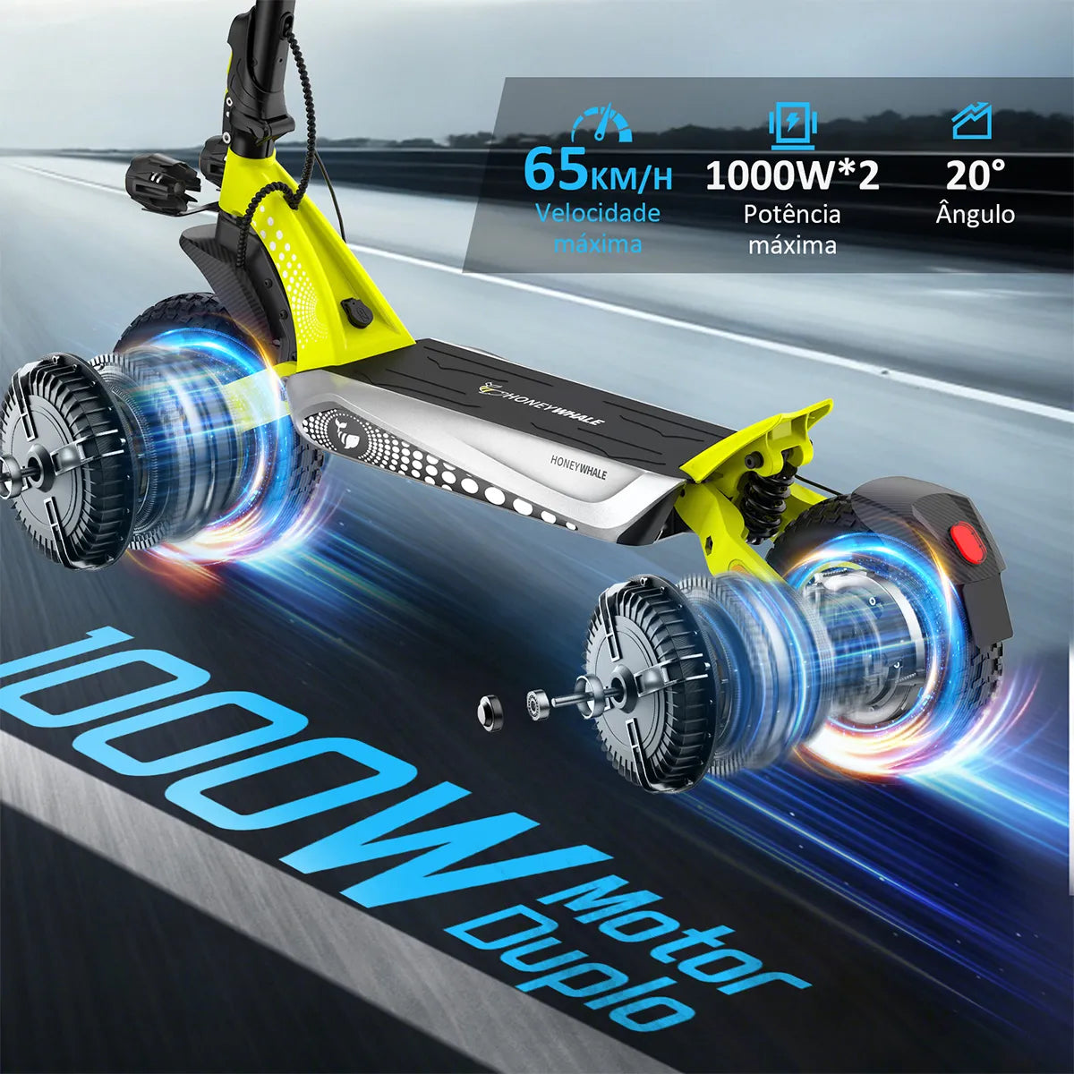 HONEYWHALE T8 Max Patinete Elétrico, Dual Motor 2000w, 52v 20ah, 65km/h, Pneus 12 Off-Road, Suspensão Dupla, App Bluetooth, Dobrável, Farol Led, Scooter Premium