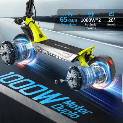 HONEYWHALE T8 Max Patinete Elétrico, Dual Motor 2000w, 52v 20ah, 65km/h, Pneus 12 Off-Road, Suspensão Dupla, App Bluetooth, Dobrável, Farol Led, Scooter Premium