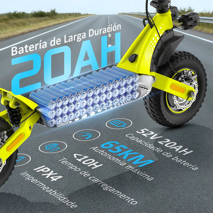 HONEYWHALE T8 Max Patinete Elétrico, Dual Motor 2000w, 52v 20ah, 65km/h, Pneus 12 Off-Road, Suspensão Dupla, App Bluetooth, Dobrável, Farol Led, Scooter Premium